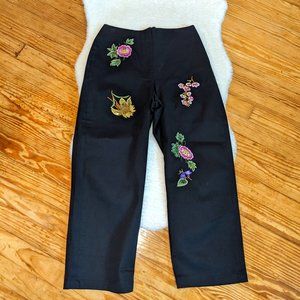 Vintage Jet Black Embroidered High Rise Capris